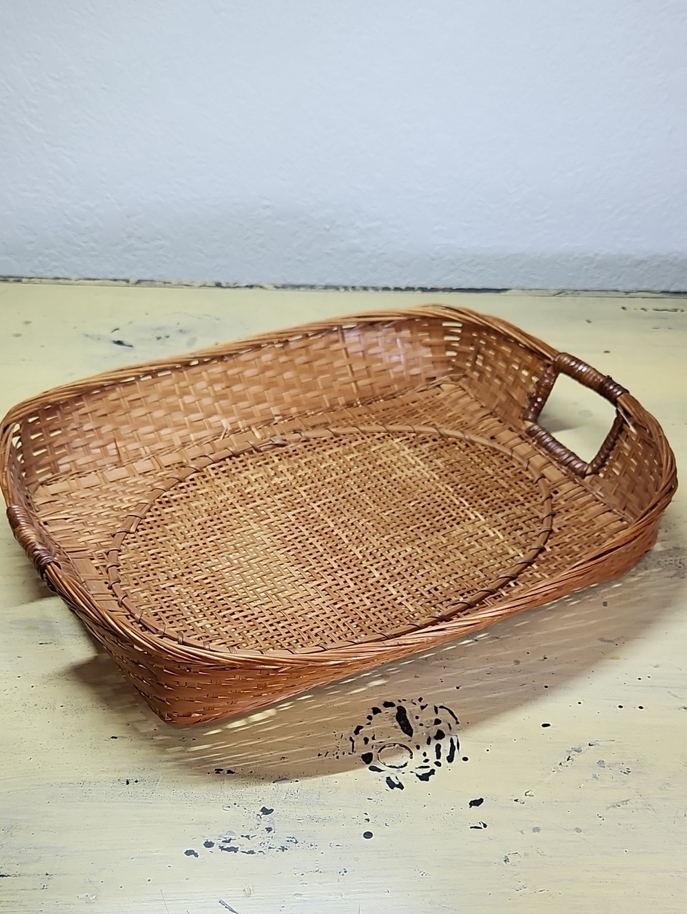 Vintage Woven Wicker Serving Tray – 13" Flat Basket with Handles